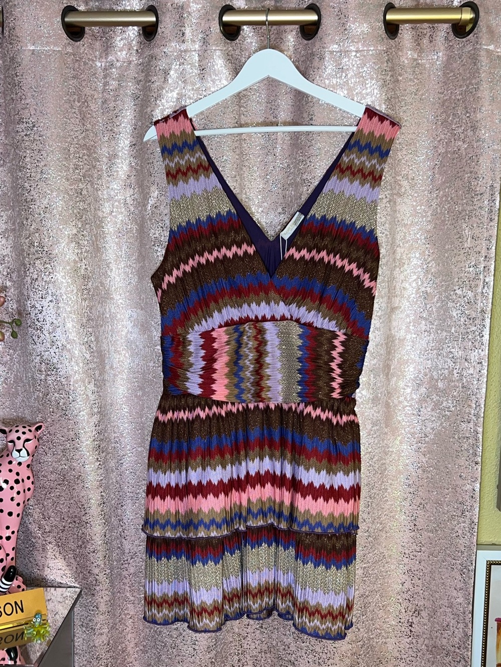 NWT Ramy Brook Laura Mini Dress Metallic Zigzag Print
